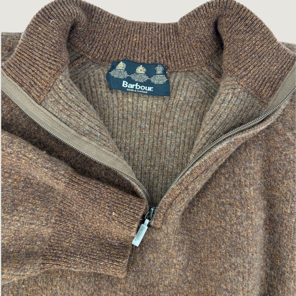 Barbour Country Tweed Sweater Mens Large Brown Lambswool Half Zip Made Scotland
